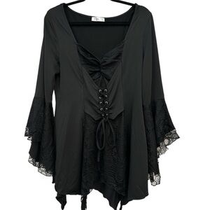Black Lace-Up Bell Sleeve Tunic